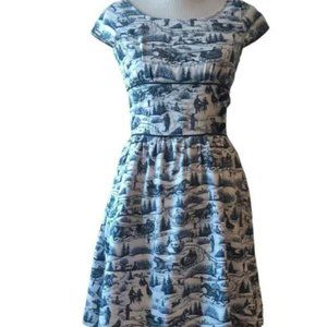 Retrolicious Winter Scene Carriage Cap Sleeve PInup midi Vintage Dress 4x